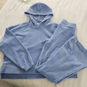 Aerie Groove-On Velour Ribbed Hoodie And High Waist Flare Pants Set Blue Lion SM